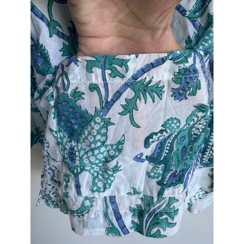 Roller Rabbit Blue Green Block Print Floral Cotton Pajama Top M Boho Prep pocket